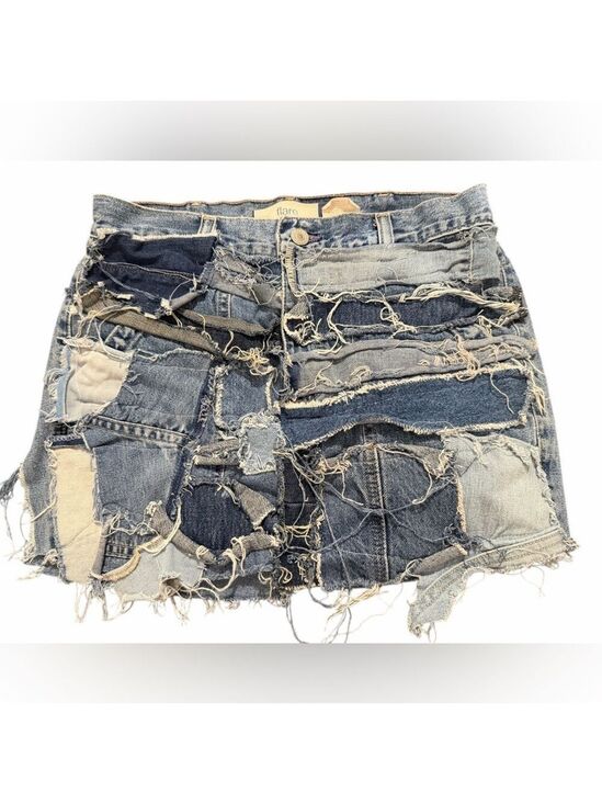 Upcycled Dresses & Skirts - Deconstructed Upcycled Patchwork Denim Mini Skirt Raw Frayed Exposed Seams